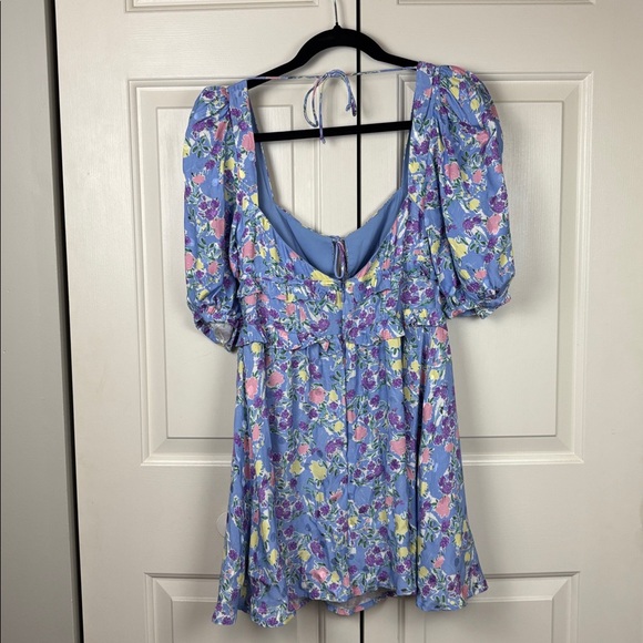 For Love & Lemons Charlene Puff Sleeve Mini Dress Blue Floral - Size S - Picture 11 of 13